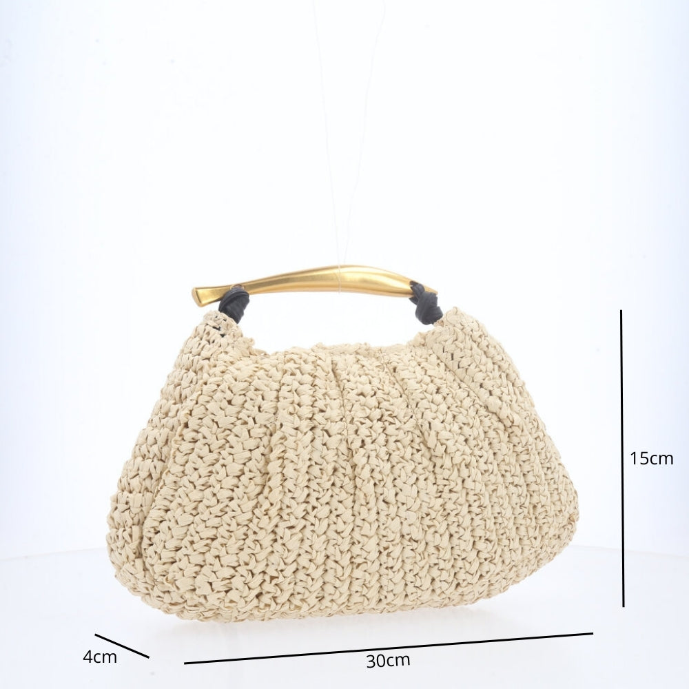 Bolsa de Ráfia Feminina – Modelo com Alça Dourada Rígida Marfim