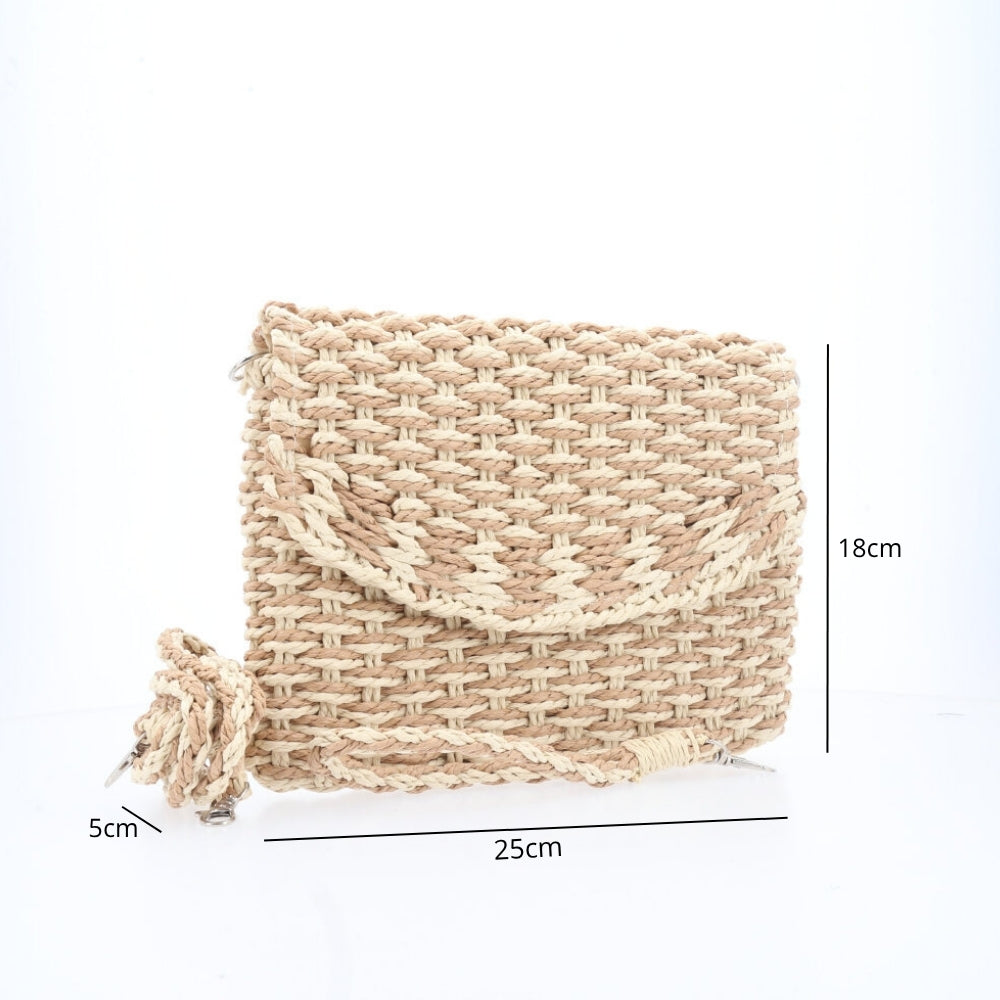 Bolsa de Palha Transversal Estilo Praia com Trama Bicolor Bege