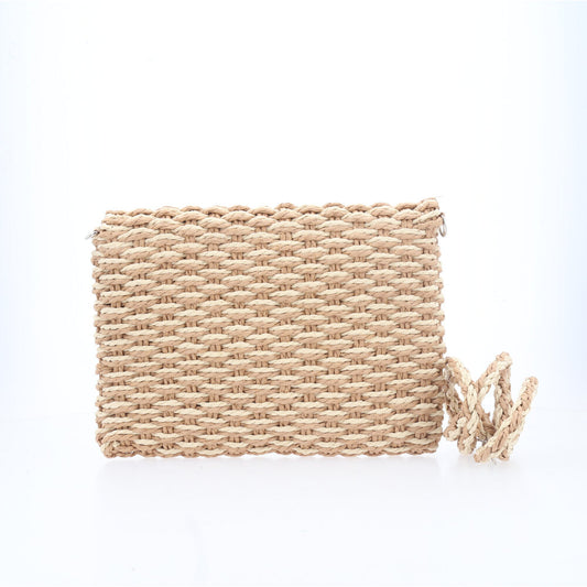 Bolsa de Palha Transversal Estilo Praia com Trama Bicolor Caramelo