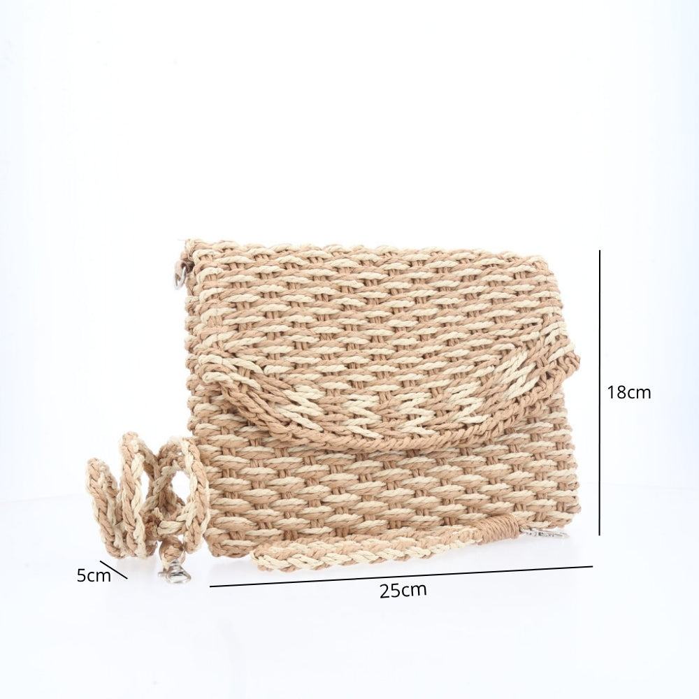 Bolsa de Palha Transversal Estilo Praia com Trama Bicolor Caramelo