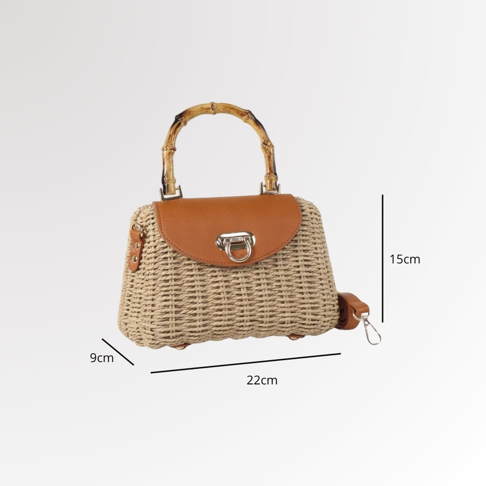 Bolsa de Palha Estruturada com Aba de Couro Caqui