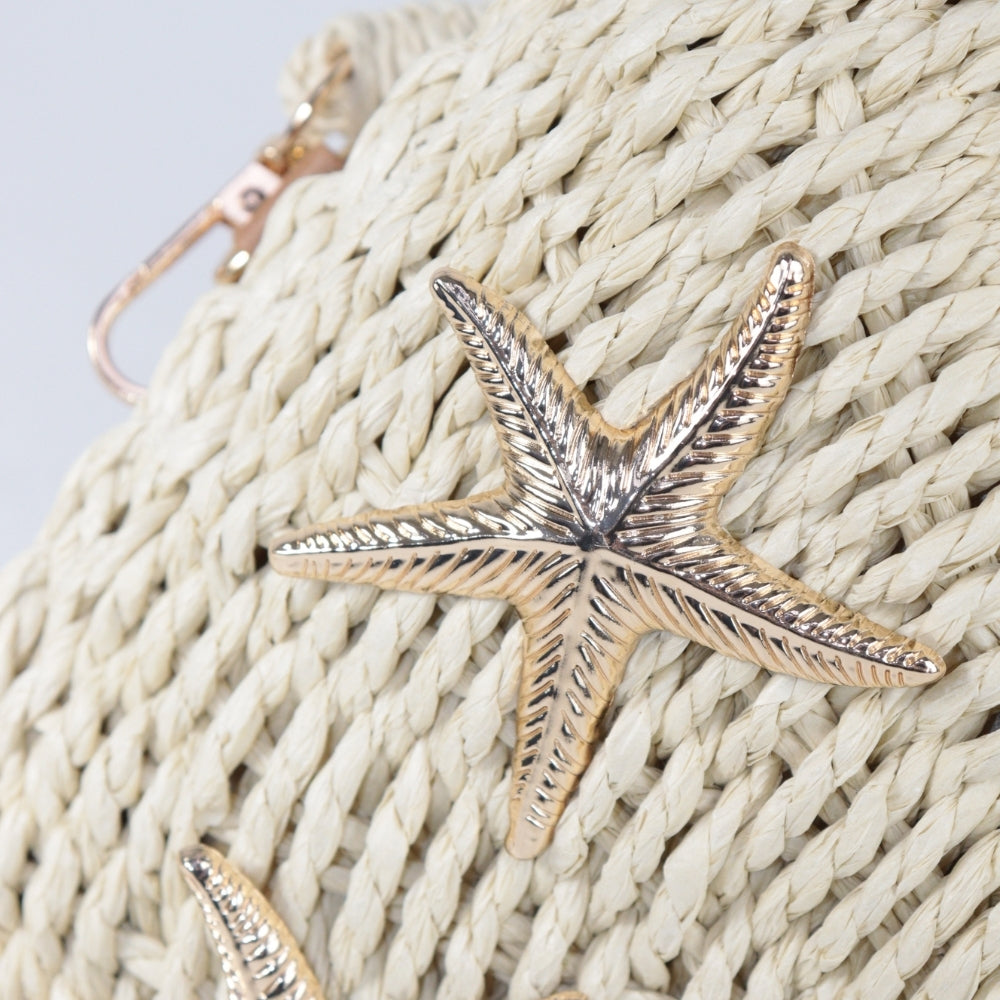 Bolsa de Mão em Palha com Decoração de Estrelas Bege