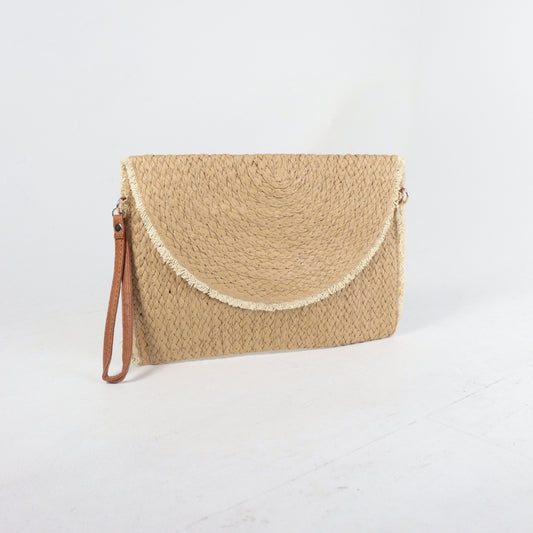 Bolsa Clutch de Palha com Alça de Pulso Caqui