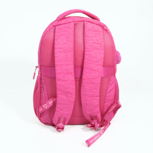 Mochila Escolar em Tecido com Divisórias e Chaveiro Rosa