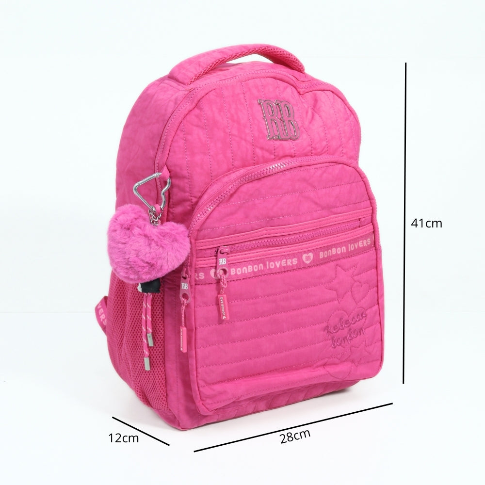 Mochila Escolar em Tecido com Divisórias e Chaveiro Rosa