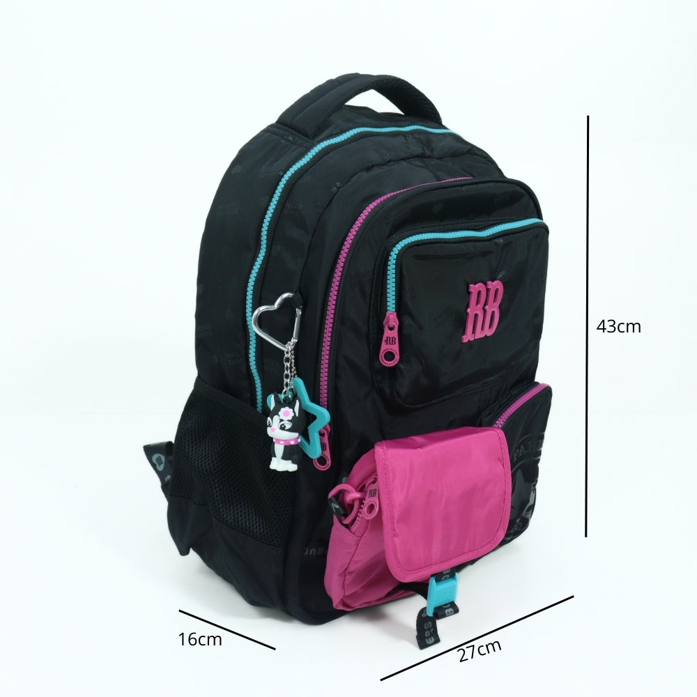 Mochila Escolar Tecido com Divisórias e Chaveiro Preto