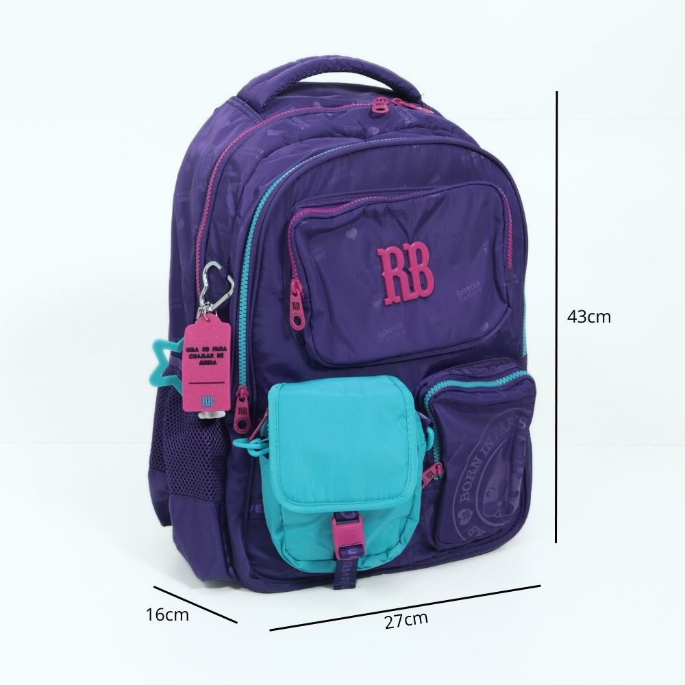 Mochila Escolar Tecido com Divisórias e Chaveiro Roxo