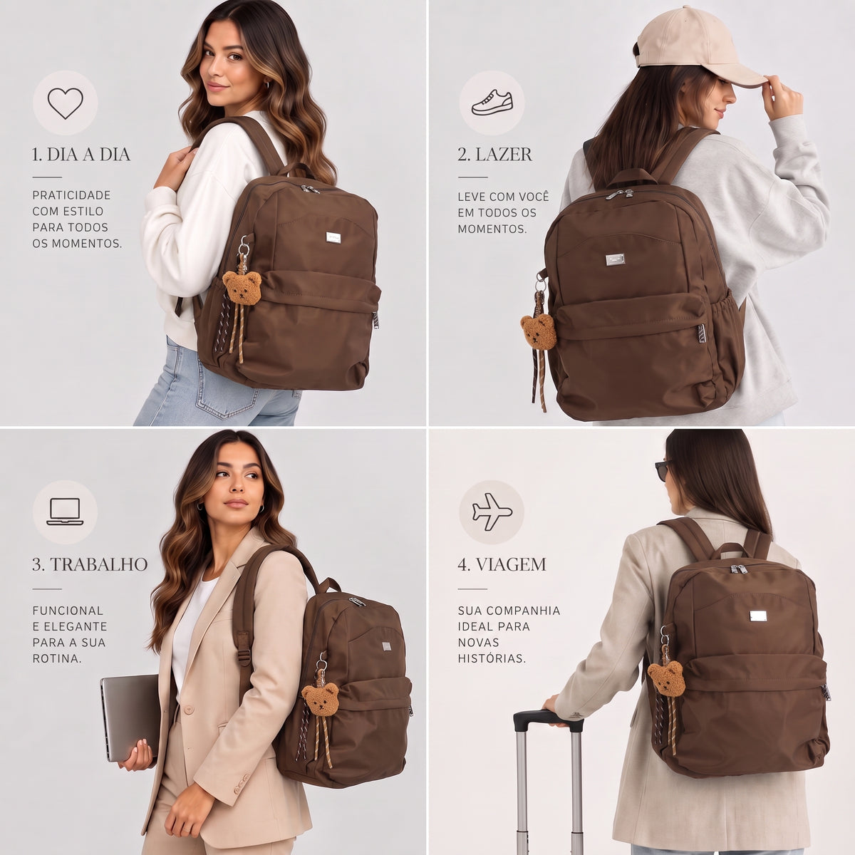 Mochila em Nylon Reforçado com Chaveiro Marrom