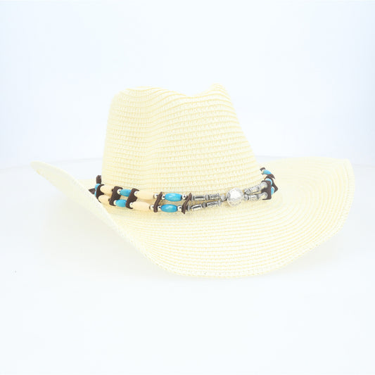 Chapéu de Ráfia Estilo Country com Aplique em Pedrarias Marfim