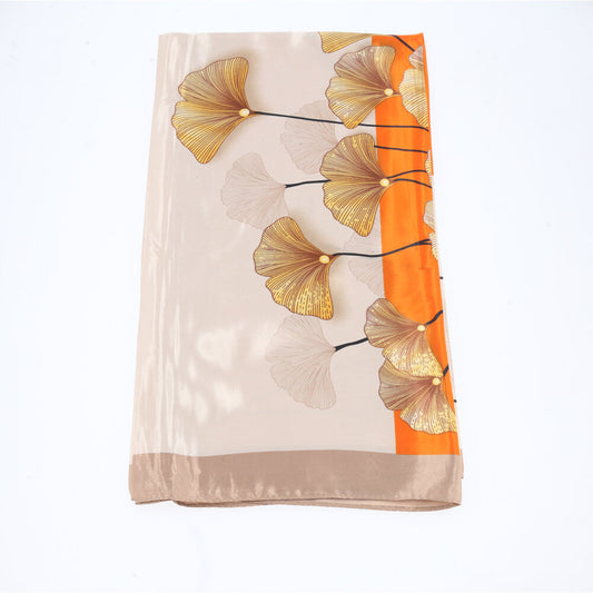 Lenço de Cetim Feminino Estampado Flores Bege