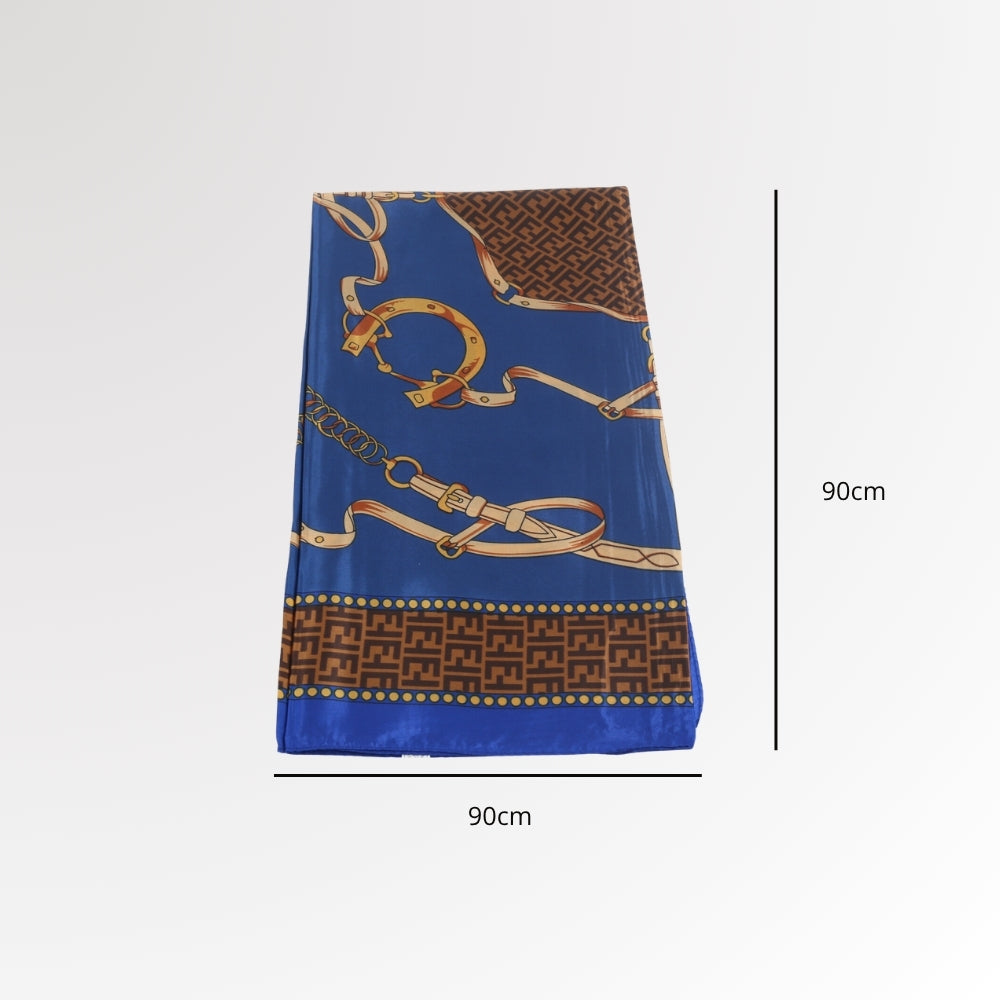 Lenço de Cetim com Estampa Equestre de Correntes Azul
