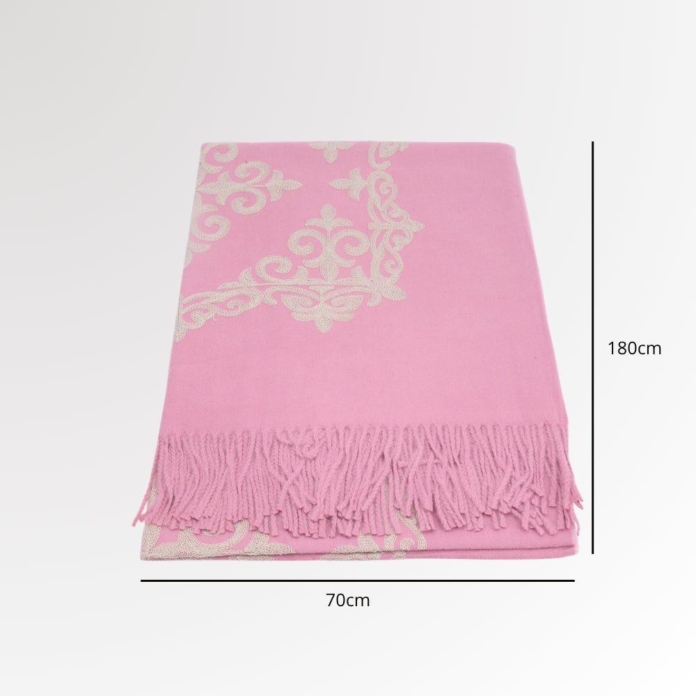 Cachecol Bordado Floral com Franjas Rosa