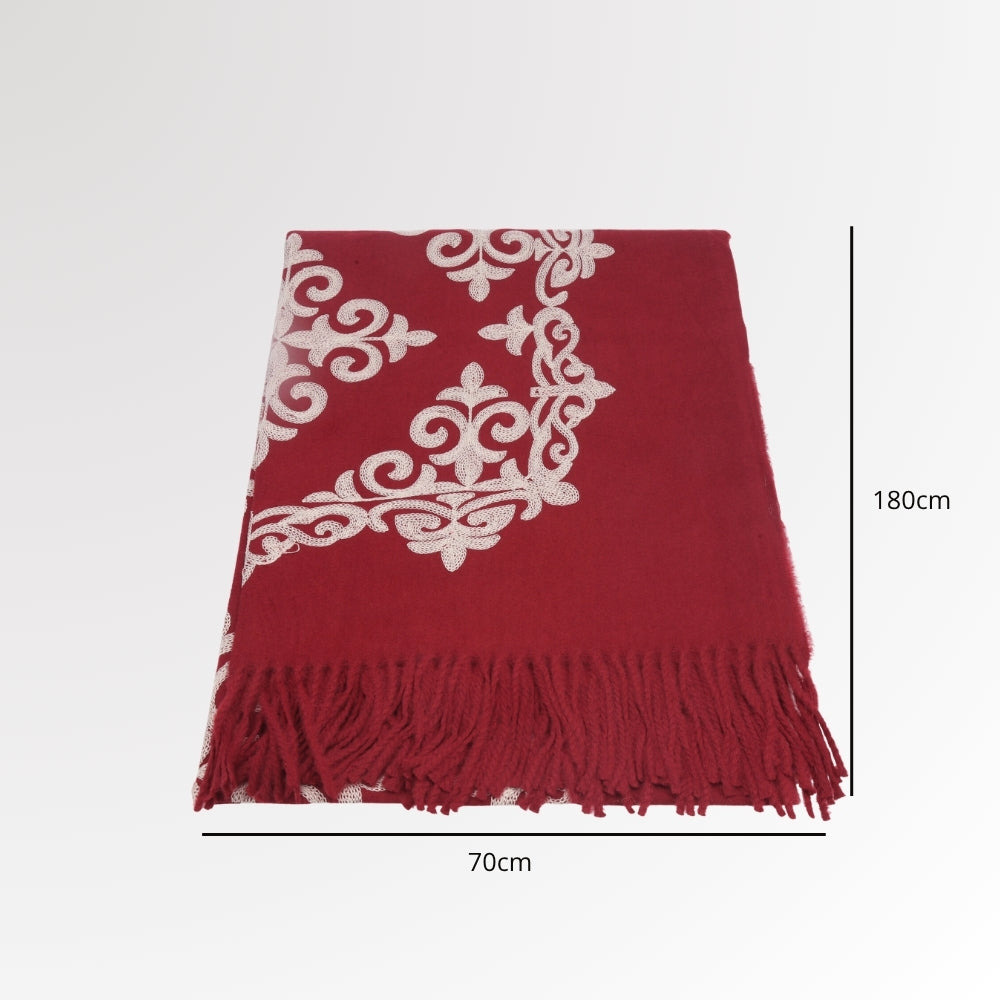 Cachecol Bordado Floral com Franjas Vermelho