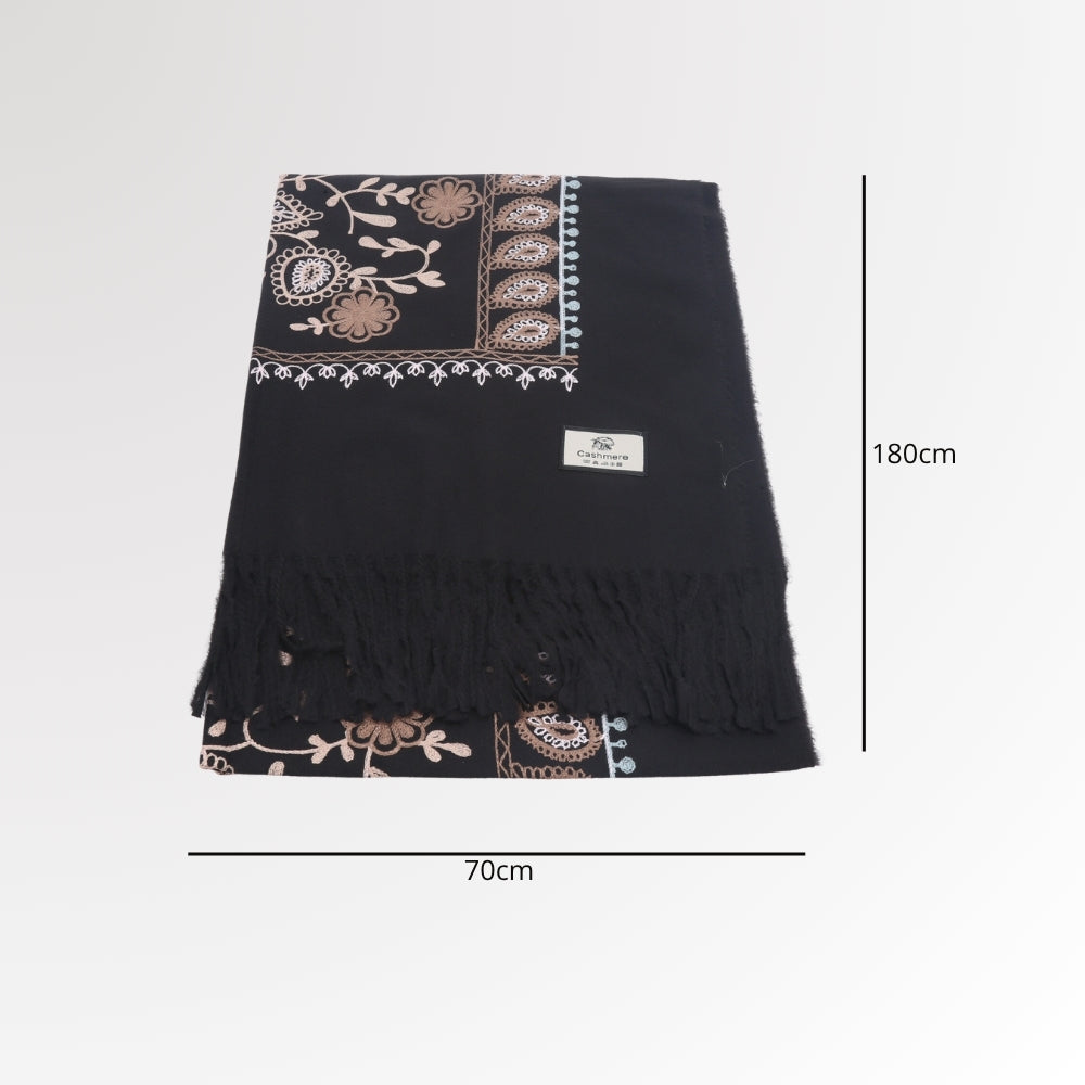 Cachecol com Estampa de Paisley Floral e Acabamento em Franjas Preto