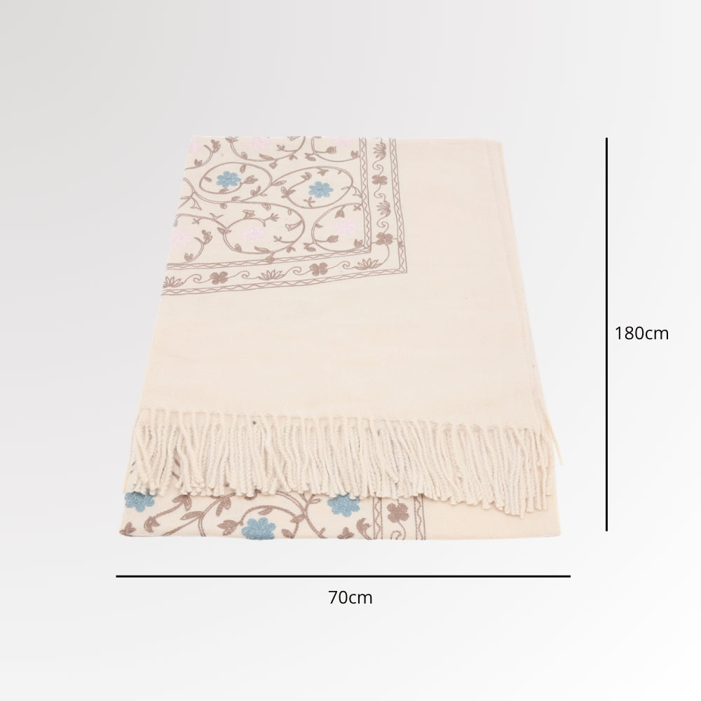 Cachecol Feminino Cashmere Bordado Floral Elegante com Franjas para Inverno Bege