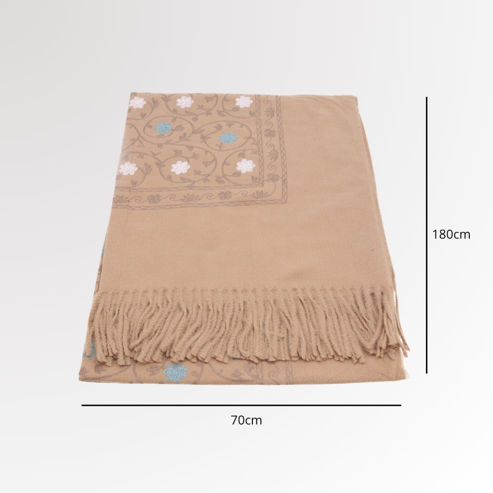 Cachecol Feminino Cashmere Bordado Floral Elegante com Franjas para Inverno Bege escuro