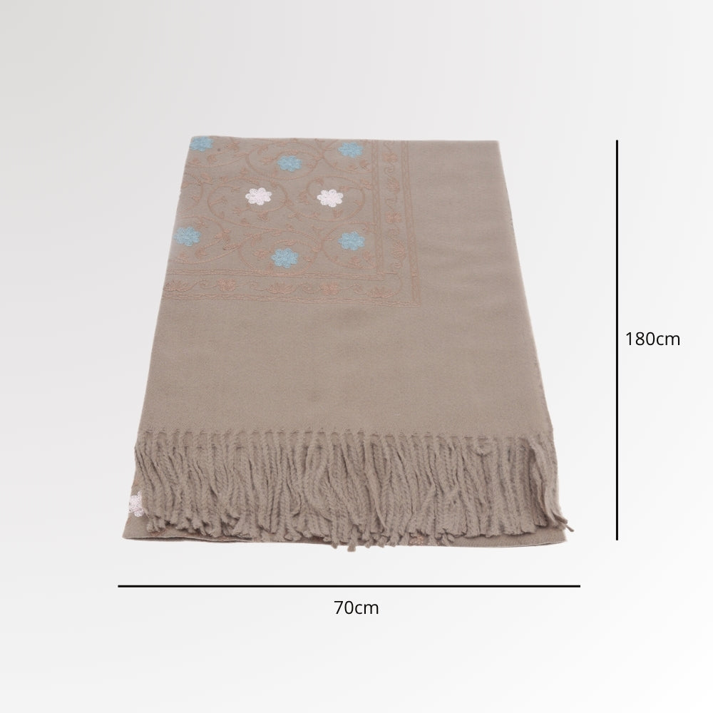 Cachecol Feminino Cashmere Bordado Floral Elegante com Franjas para Inverno Caqui