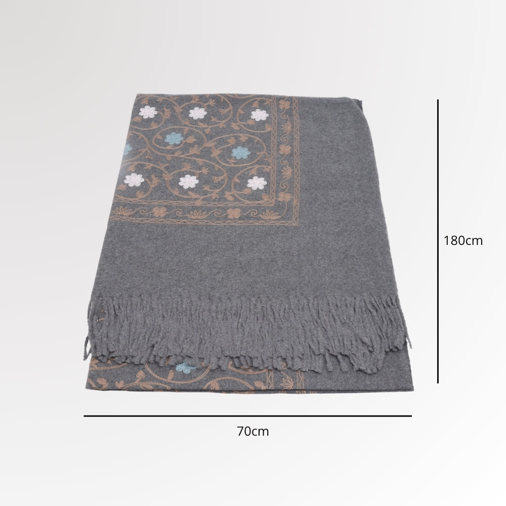 Cachecol Feminino Cashmere Bordado Floral Elegante com Franjas para Inverno Cinza
