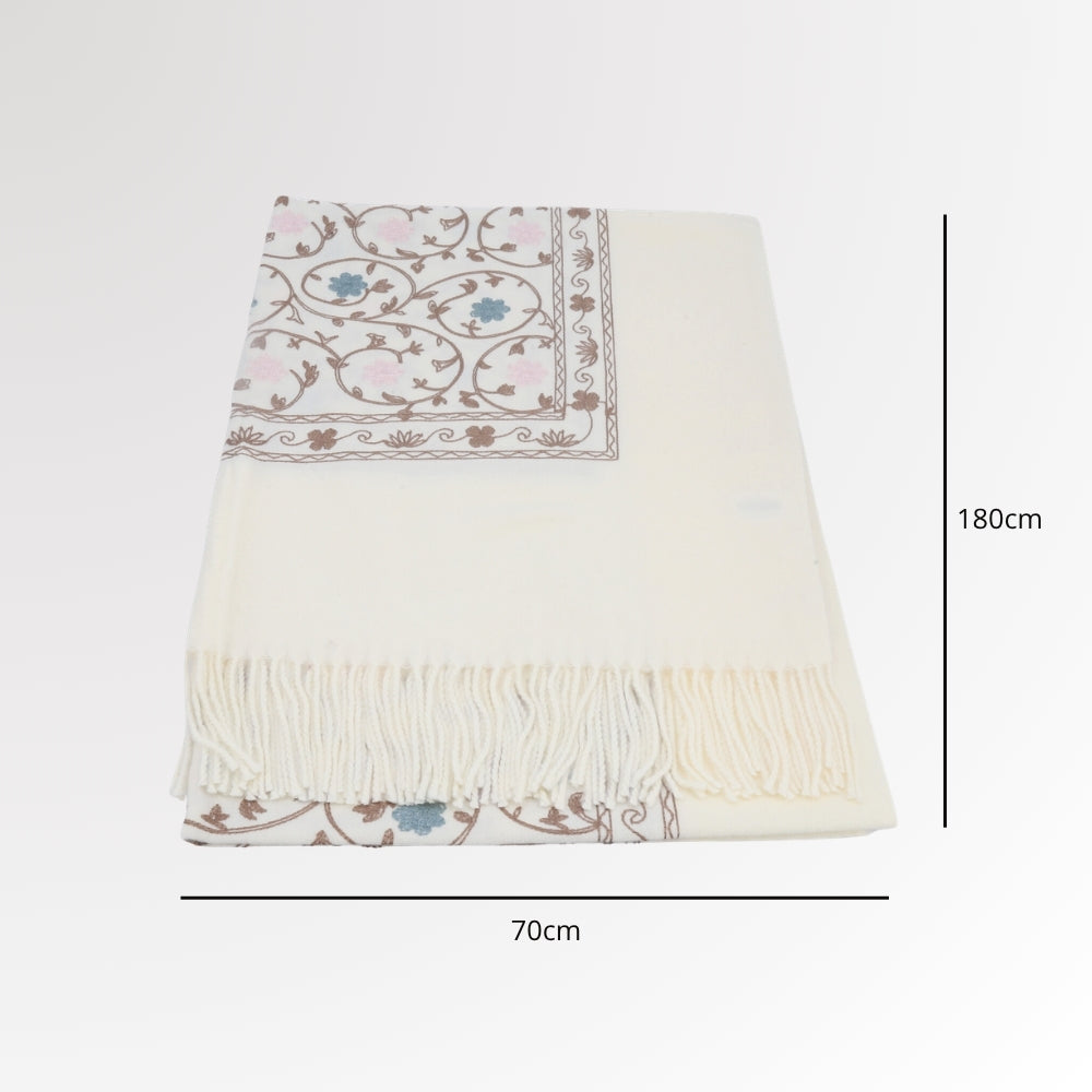 Cachecol Feminino Cashmere Bordado Floral Elegante com Franjas para Inverno Marfim