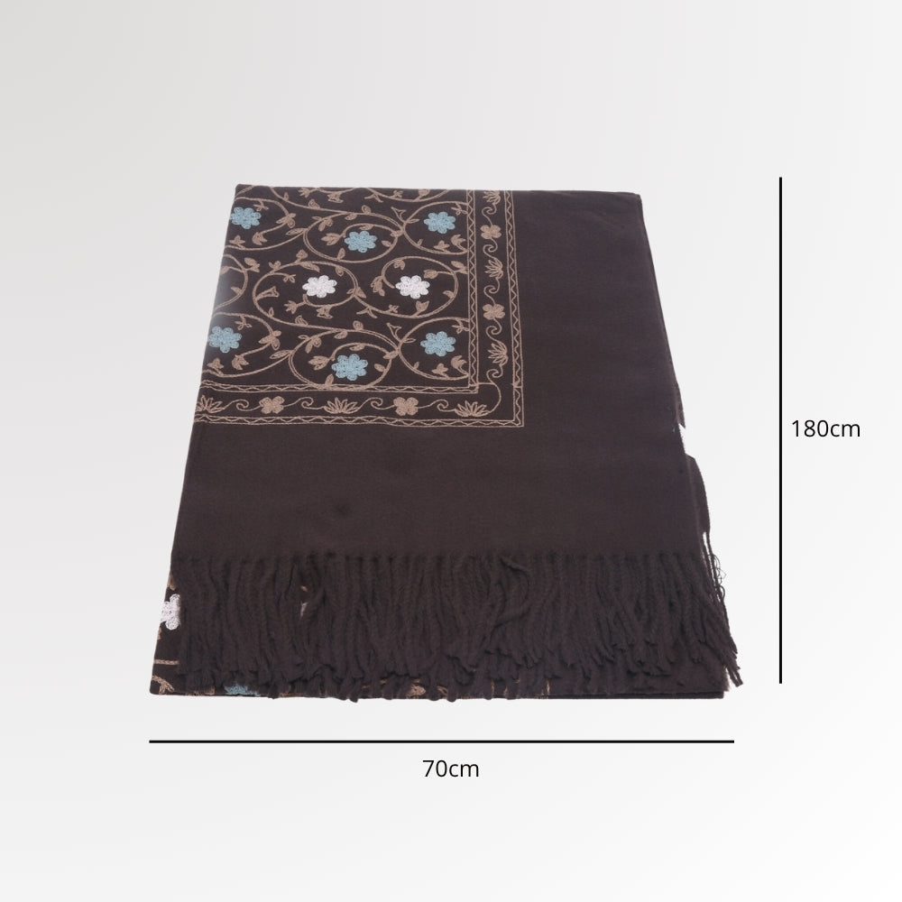Cachecol Feminino Cashmere Bordado Floral Elegante com Franjas para Inverno Marrom