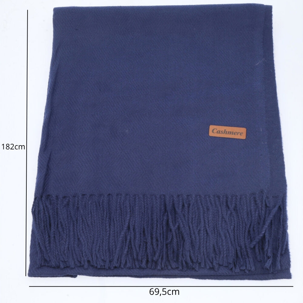 Cachecol em Tecido com Estampa Lisa e Franjas Azul escuro