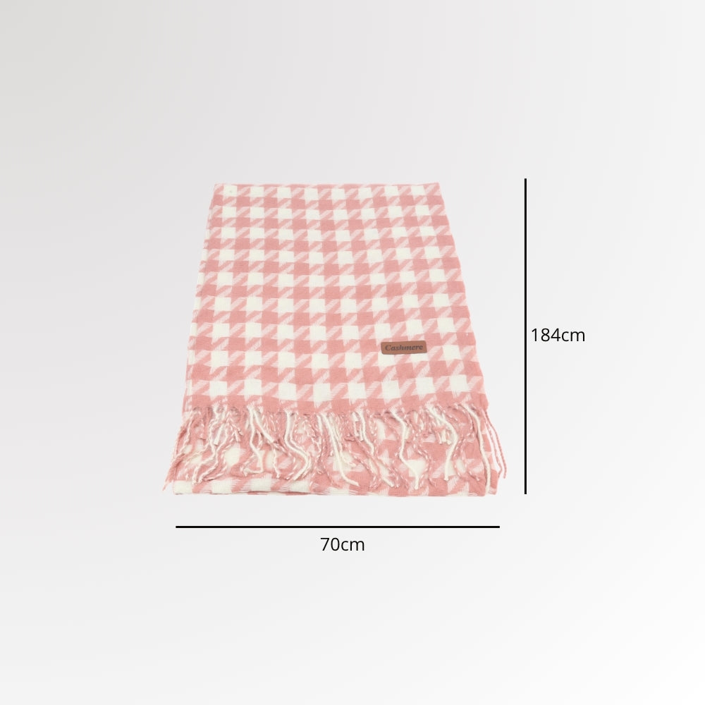 Cachecol com Estampa Pied de Poule e Acabamento em Franjas Rosa claro