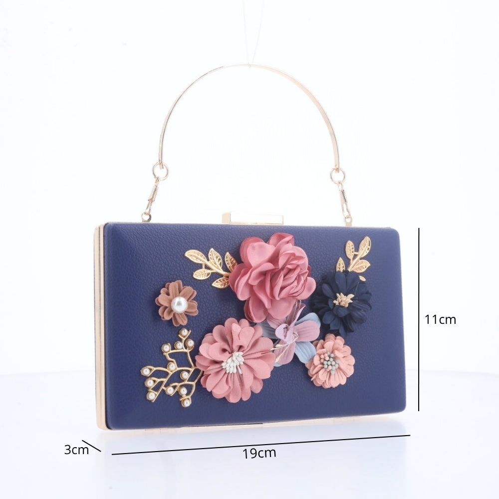 Bolsa Festa Feminina com Flores Aplicadas Azul escuro