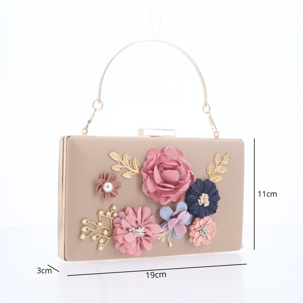 Bolsa Festa Feminina com Flores Aplicadas Bege