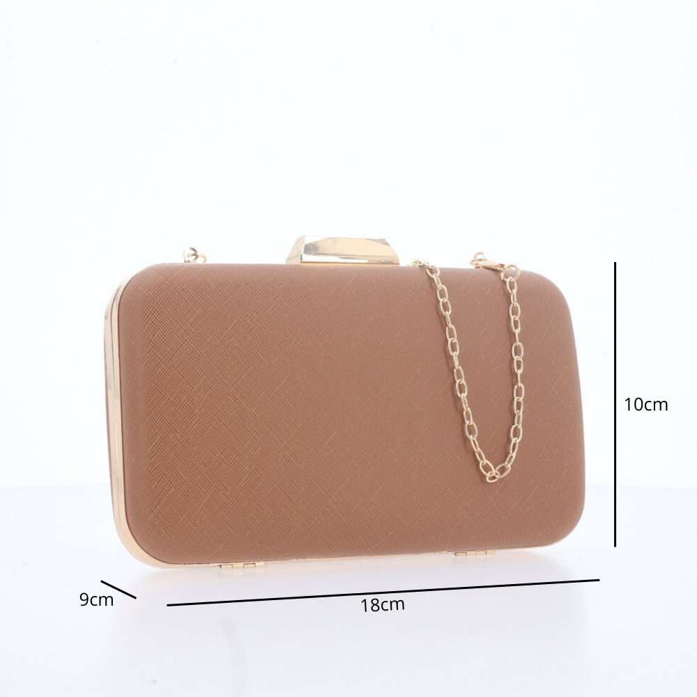 Bolsa Festa Feminina Clutch Estruturada com Corrente Dourada Caramelo