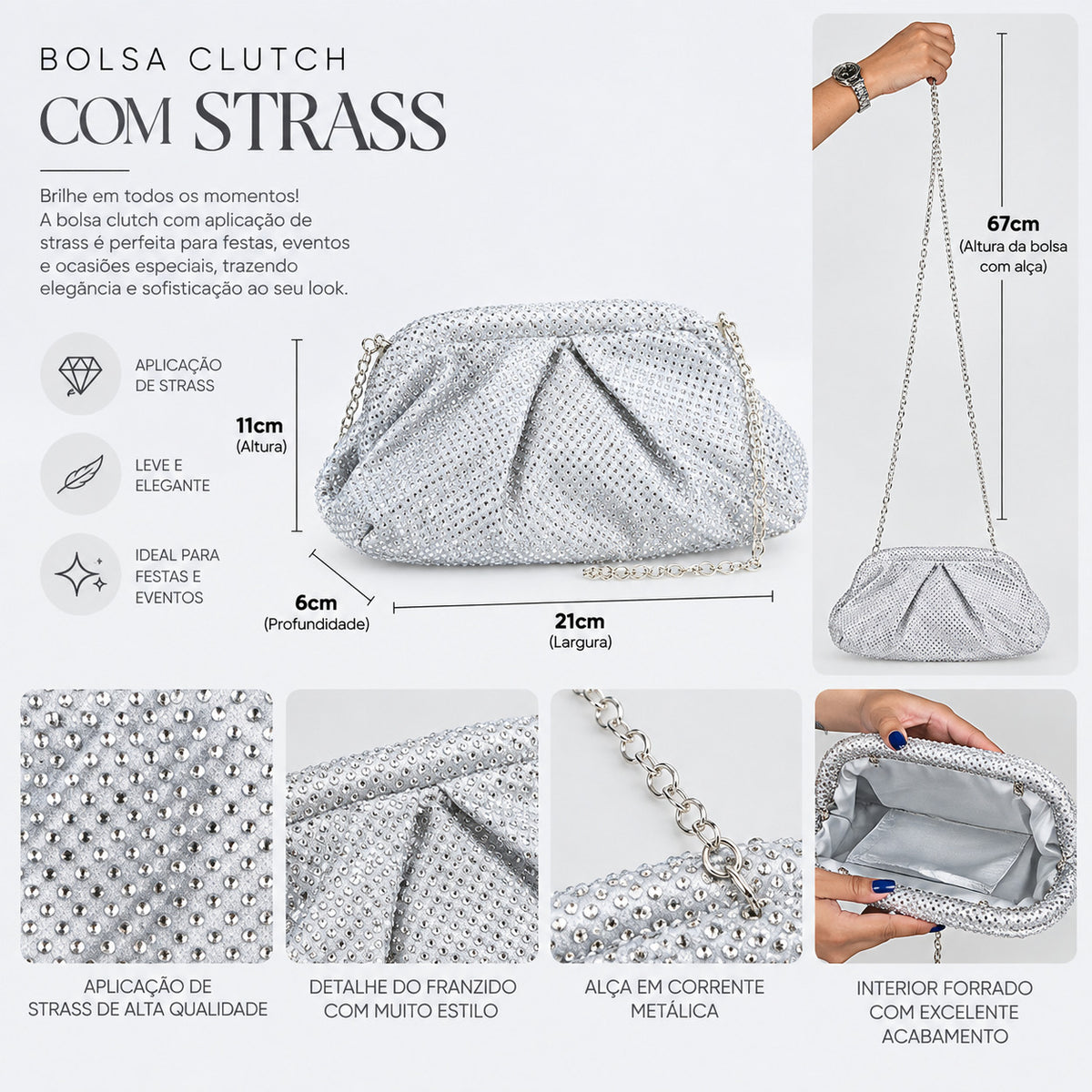 Bolsa Festa de Strass Transversal Prata