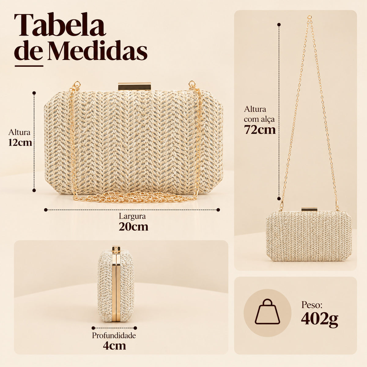 Bolsa Festa em Ráfia com Alça de Corrente Cinza