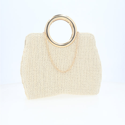 Bolsa Clutch em Ráfia com Alça de Metal Marfim