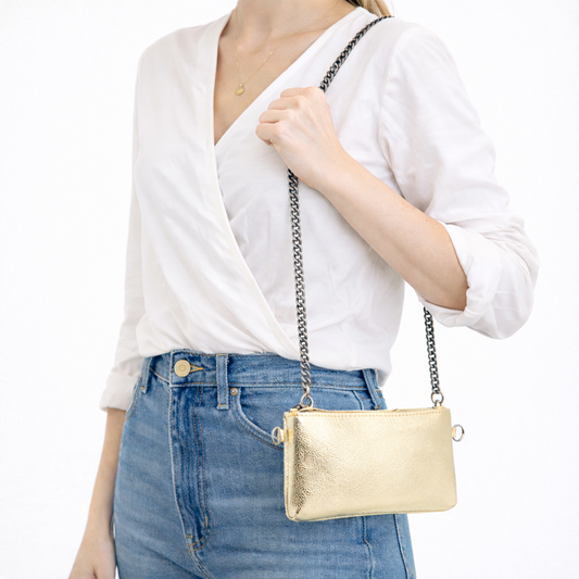 Bolsa de Couro com Alça de Corrente Ouro claro