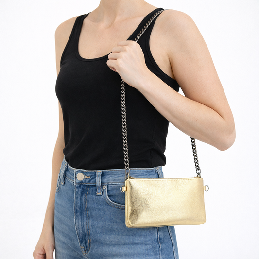 Bolsa de Couro com Alça de Corrente Ouro