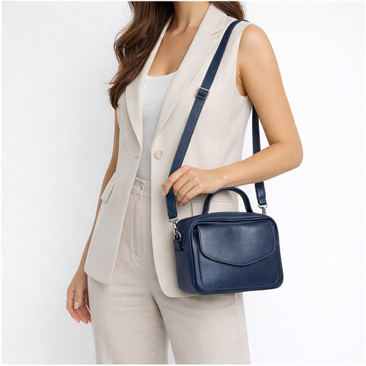 Bolsa de Couro Legítimo Feminina Baú Azul escuro