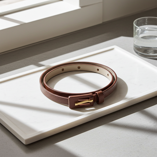 Cinto Feminino de Couro Fino com Fivela Encapada Marrom