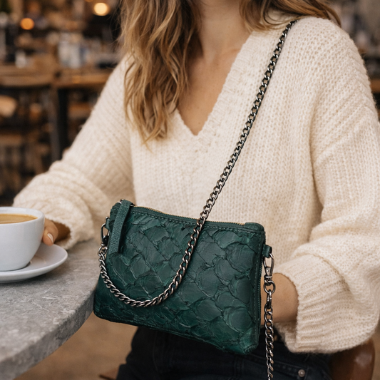 Bolsa Pequena em Couro Legítimo de Pirarucu Verde