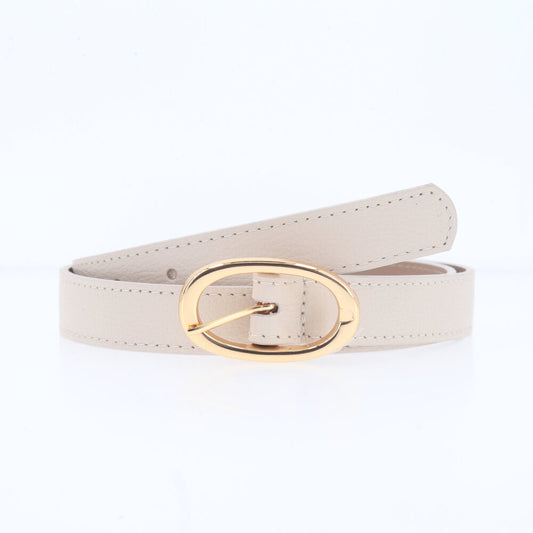 Cinto de Couro com Fivela Oval Metálica Marfim