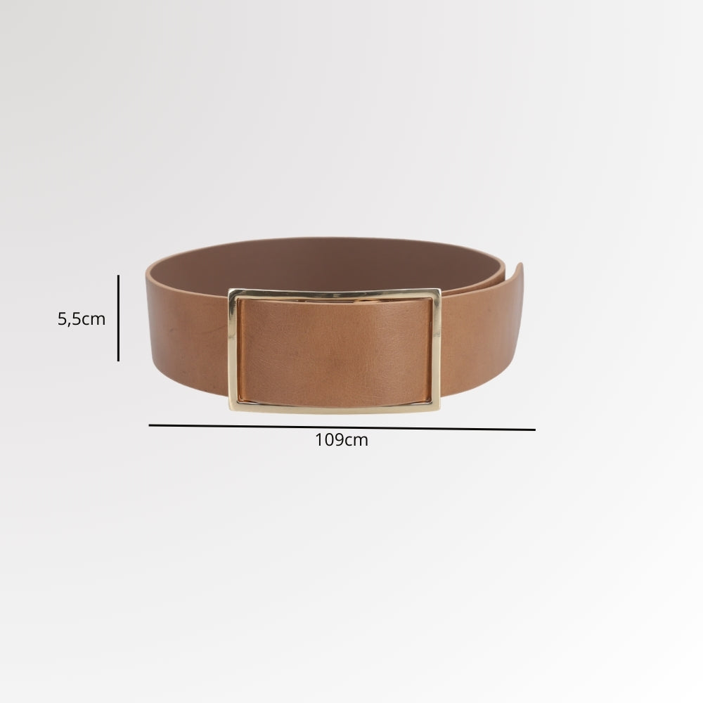 Cinto Feminino em Couro com Fivela Retangular Dourada Bege