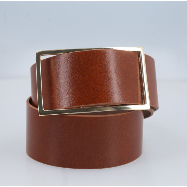 Cinto Feminino em Couro com Fivela Retangular Dourada Caramelo