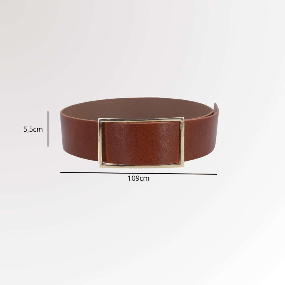 Cinto Feminino em Couro com Fivela Retangular Dourada Caramelo