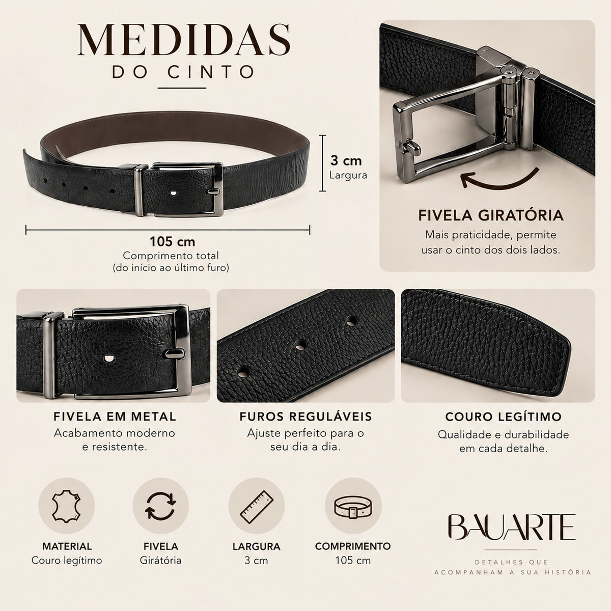 Cinto Masculino de Couro com Fivela Giratória Preto