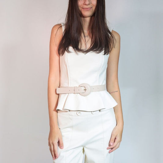 Cinto Feminino Couro Legítimo Fivela Meia Lua Moda Casual Marfim