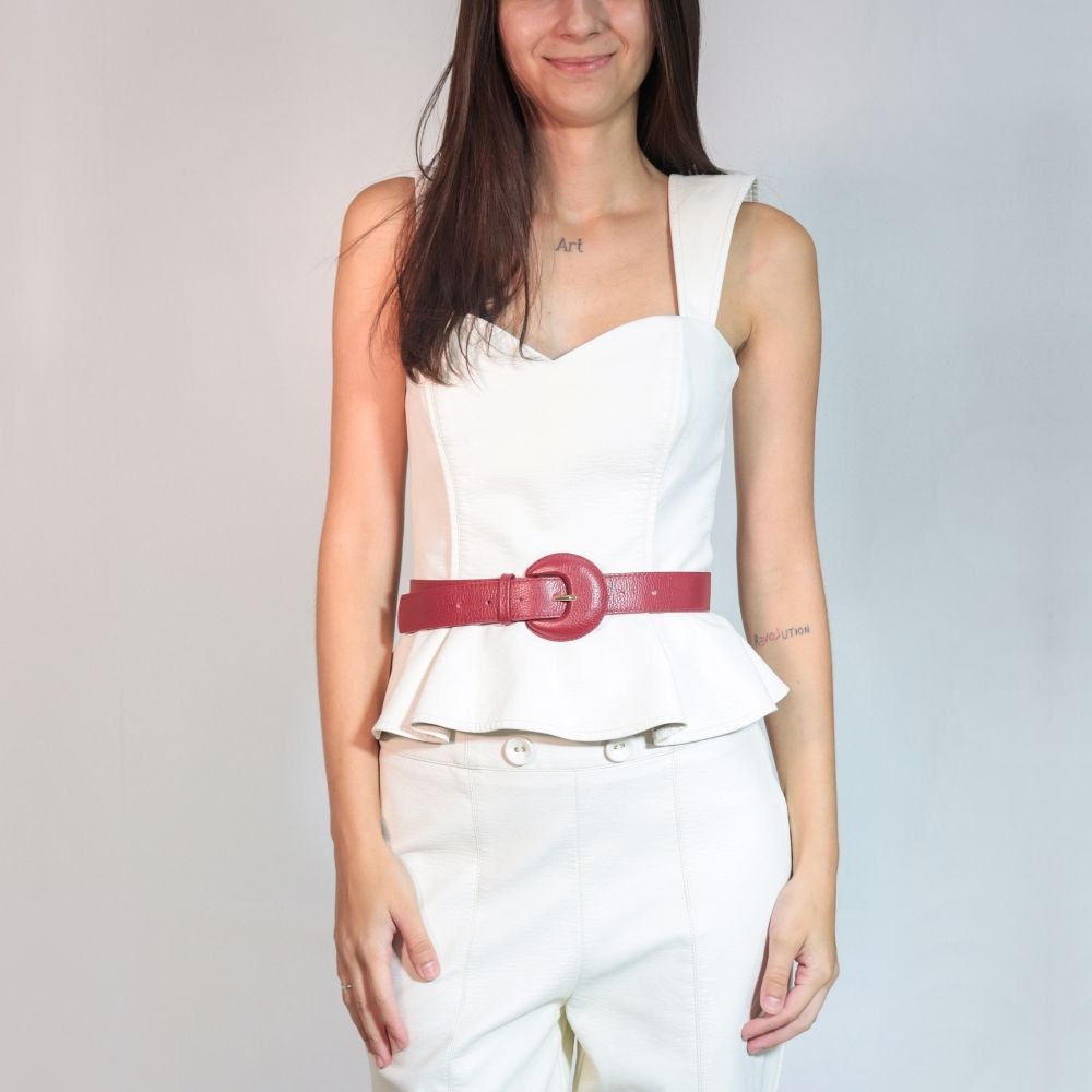 Cinto Feminino Couro Legítimo Fivela Meia Lua Moda Casual Vermelho