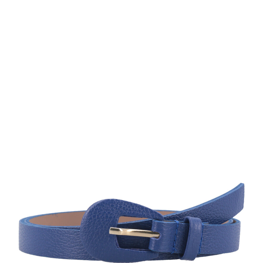 Cinto Feminino de Couro com Fivela Encapada Oval Azul