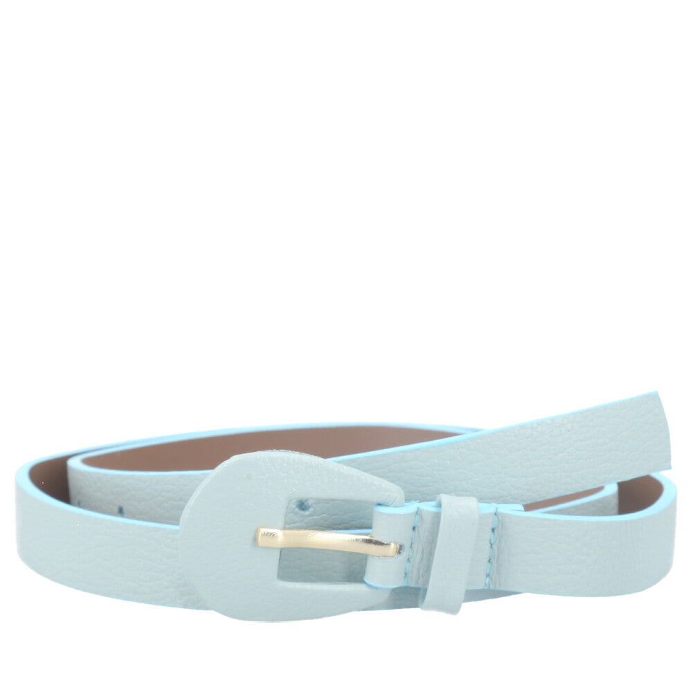 Cinto Feminino de Couro com Fivela Encapada Oval Azul claro