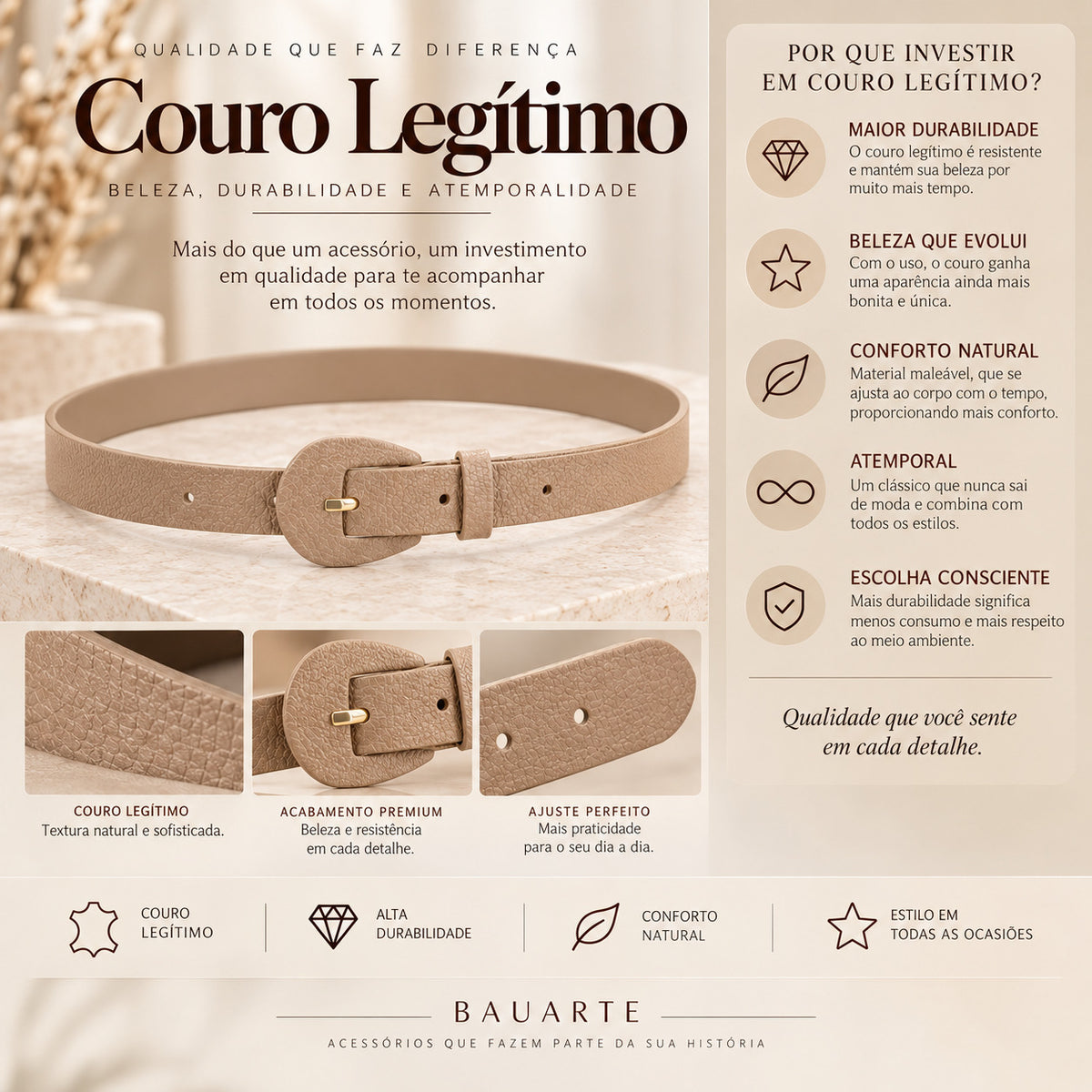 Cinto Feminino de Couro com Fivela Encapada Oval Bege escuro