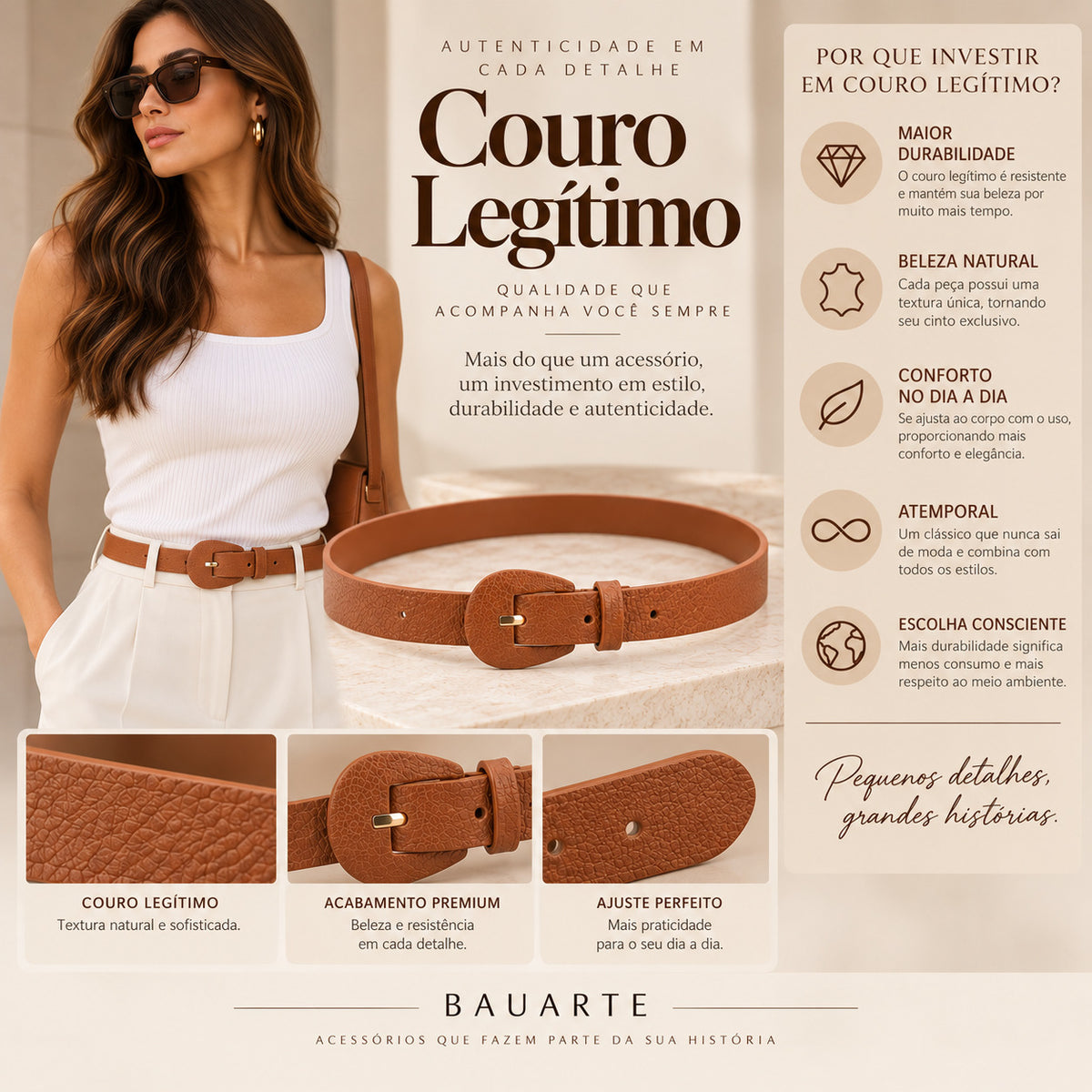 Cinto Feminino de Couro com Fivela Encapada Oval Caramelo