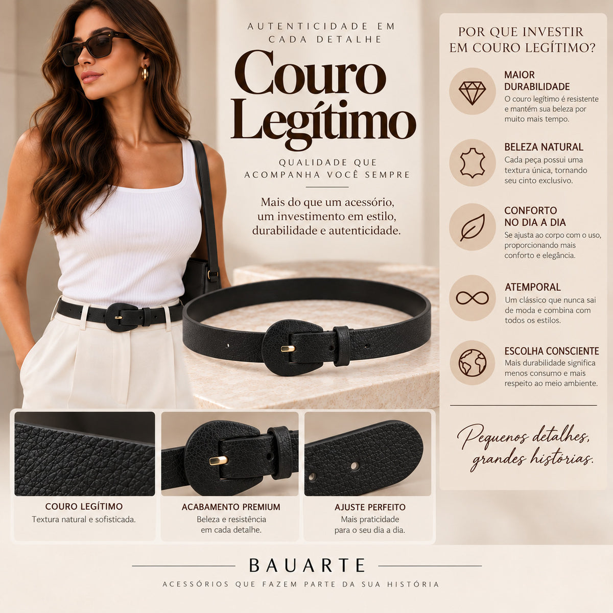Cinto Feminino de Couro com Fivela Encapada Oval Preto