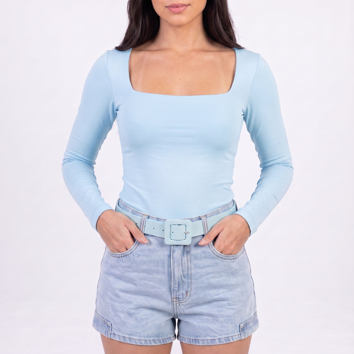 Cinto de Couro Legítimo com Fivela Encapada Azul claro